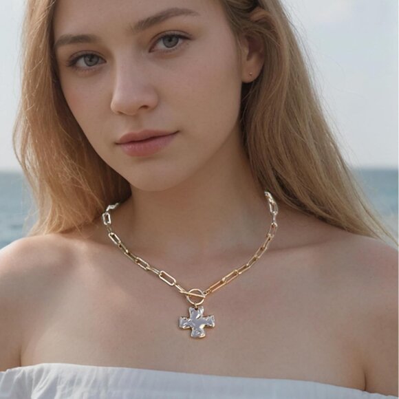 Gold Chunky Cross Necklace for Women - Bold Hammered Pendant with Toggle Clasp - Picture 2 of 7